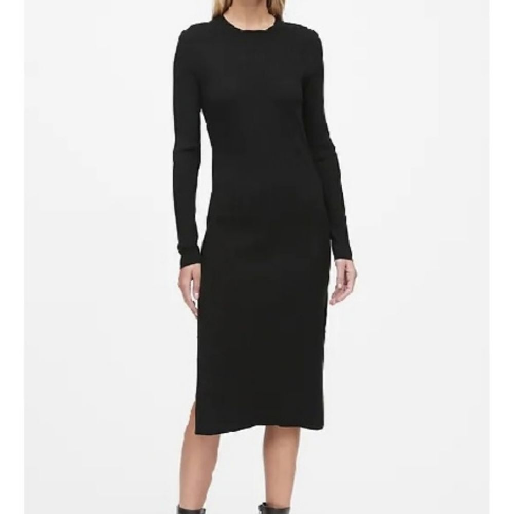 🔹️NWT Banana Republic Black Ribbed Long Sleeve Square Neck Midi Dress Medium